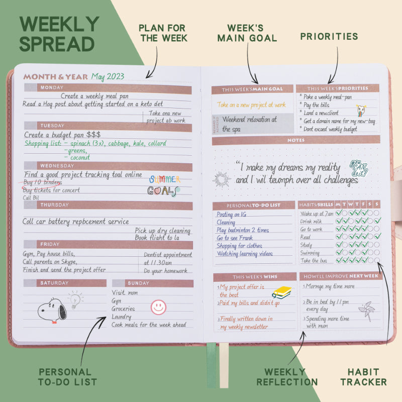 English Dateless Weekly & Monthly Planner Notebook with 6 Stickers