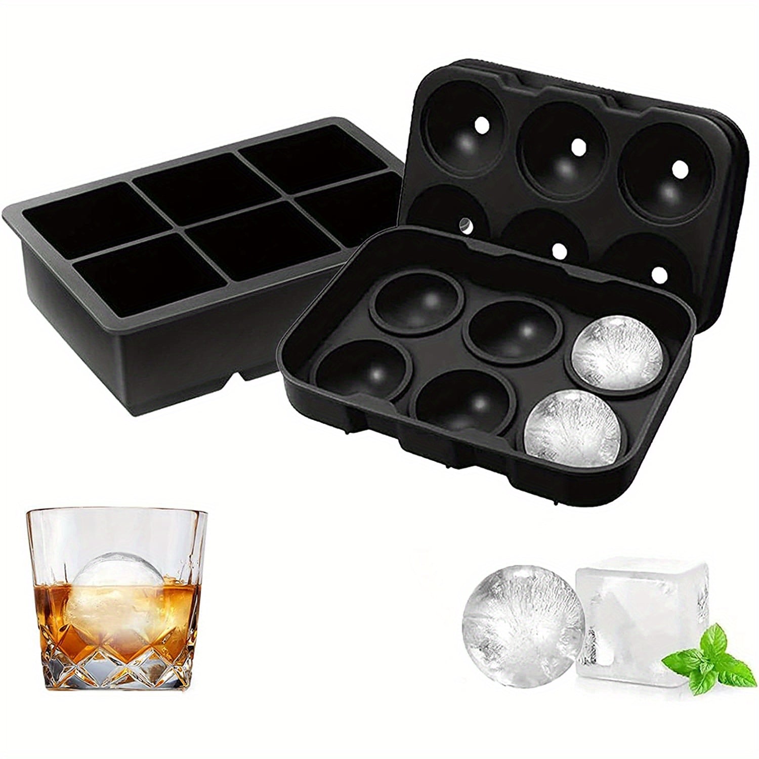Silicone Ice Cube Trays Sphere & Square Mold With Lid Slow Melting