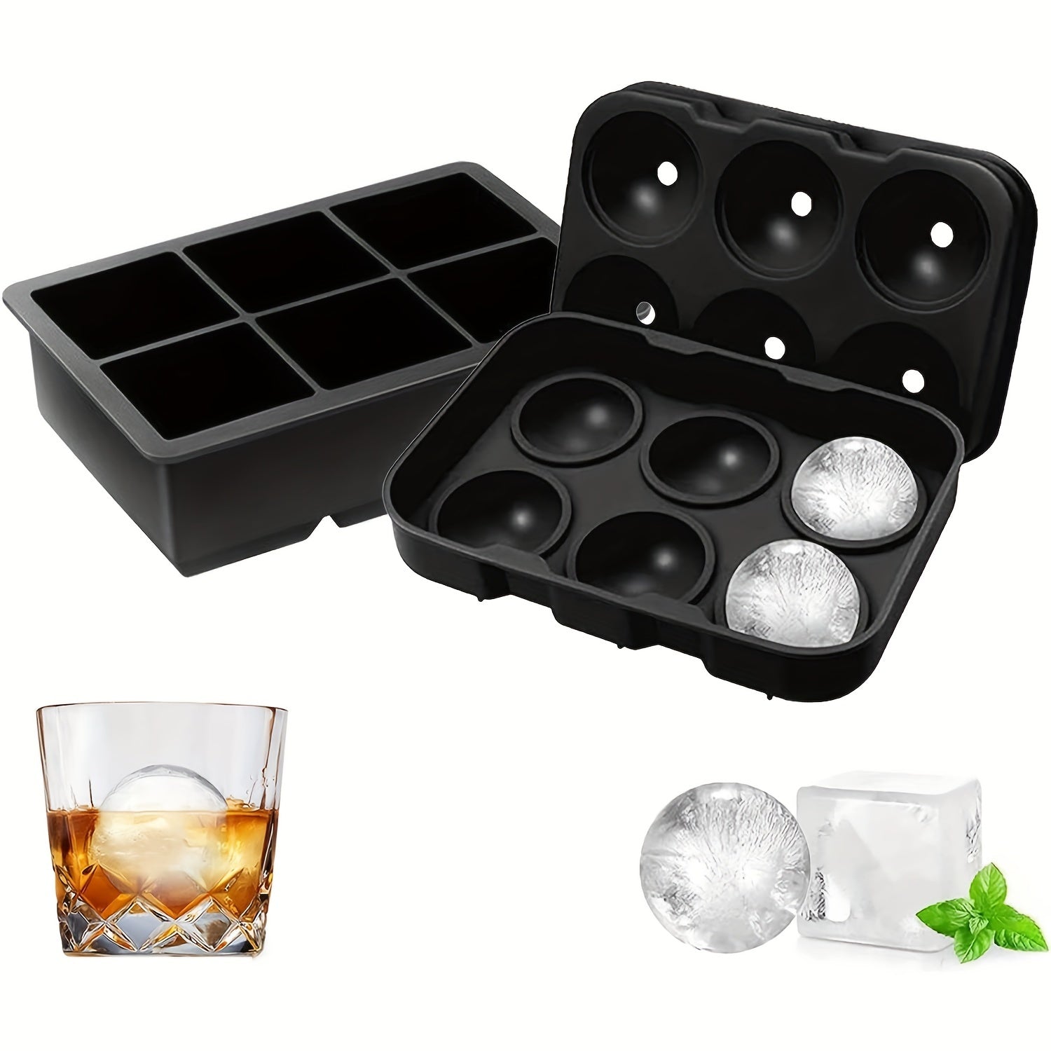 Silicone Ice Cube Trays Sphere & Square Mold With Lid Slow Melting