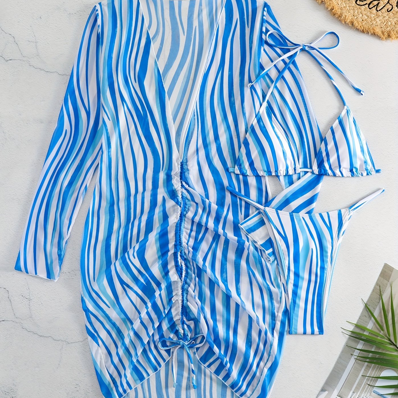 Stripes Print Halter 3 Piece Swimsuit V String Bikini Set