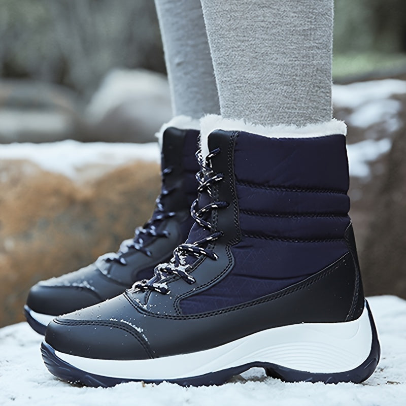 Women's Faux Fur Snow Boots Waterproof Anti-slip Lace-up Warm Mid Calf