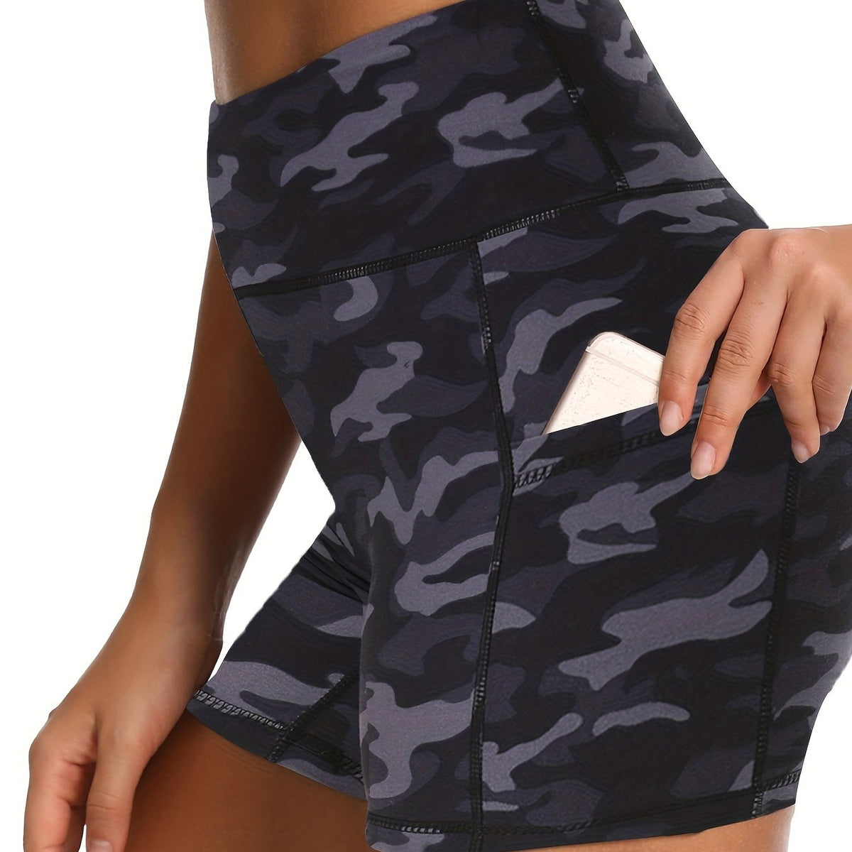 Camo Yoga Shorts With Pocket High Waist Athletic Workout Running Shorts