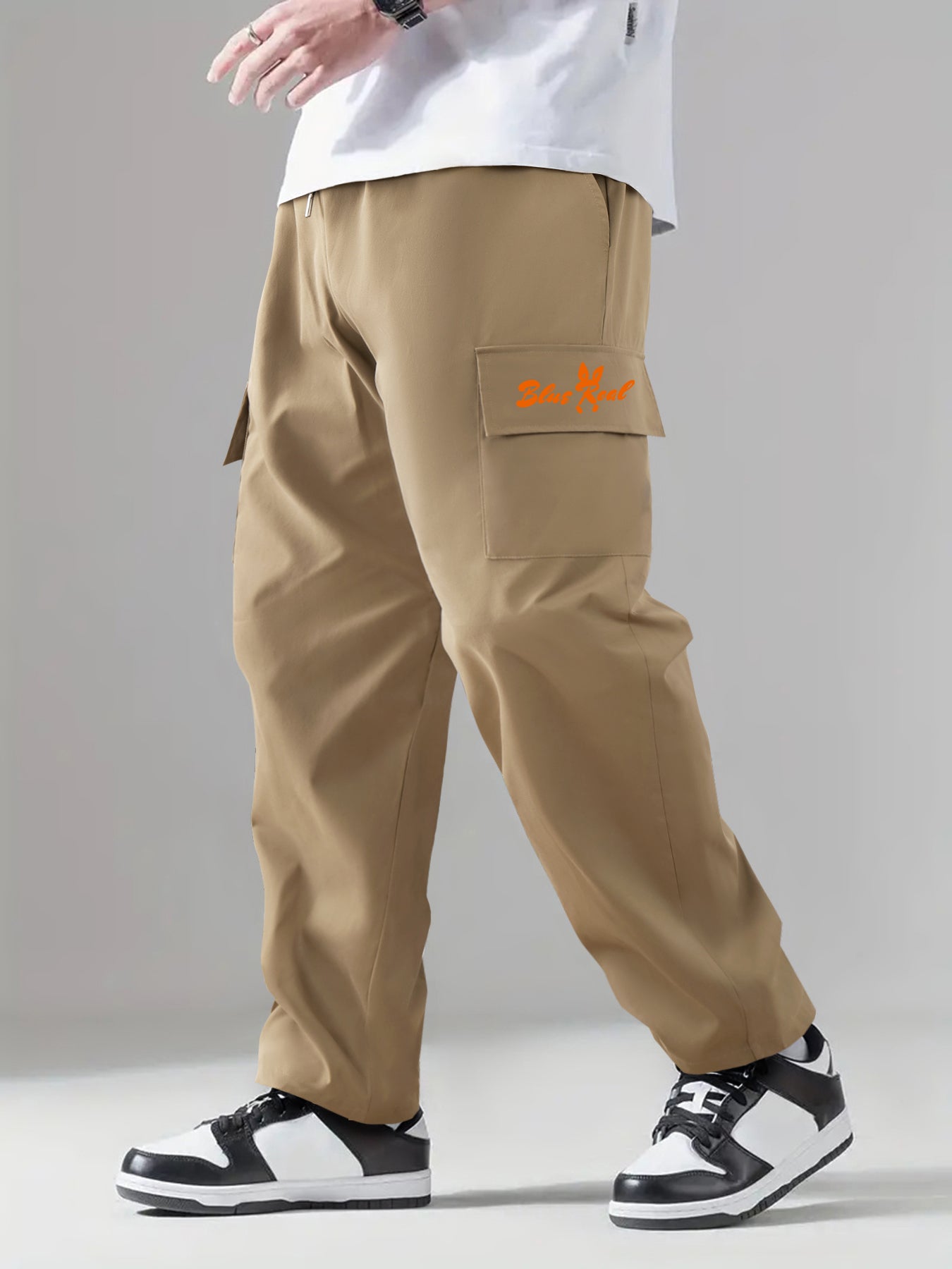 Letter Print Cargo Pants Men's Stretch Pocket Casual Pants