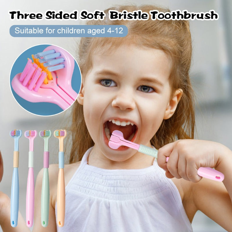 Kids 3-Sided Toothbrush Soft Bristle Deep Oral Cleaning Tongue Scraper Oral Care