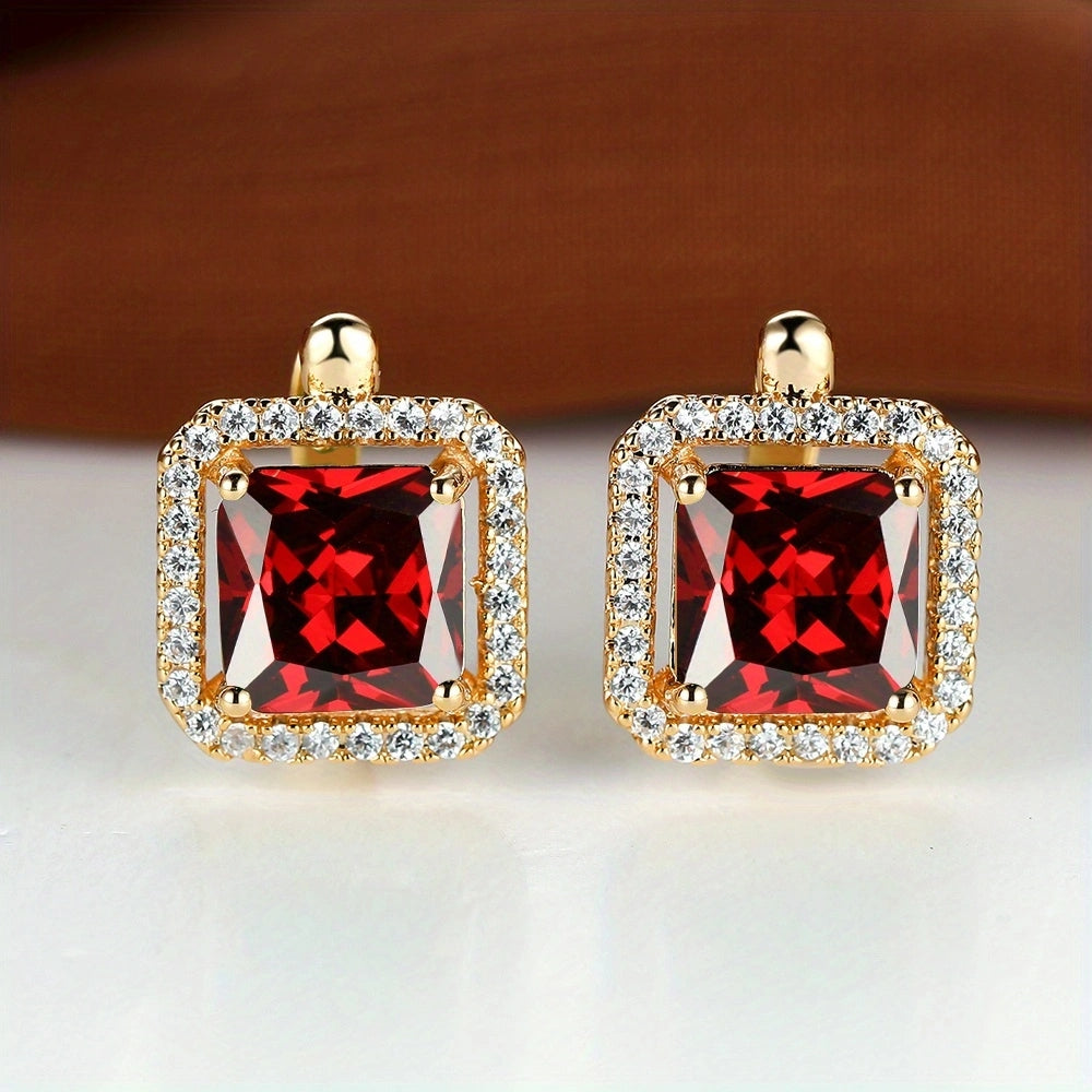 Square Green Zircon Stud Earrings Golden Bride Wedding Jewelry