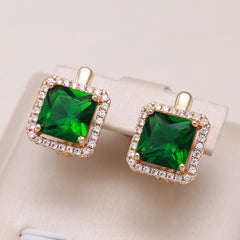 Square Green Zircon Stud Earrings Golden Bride Wedding Jewelry