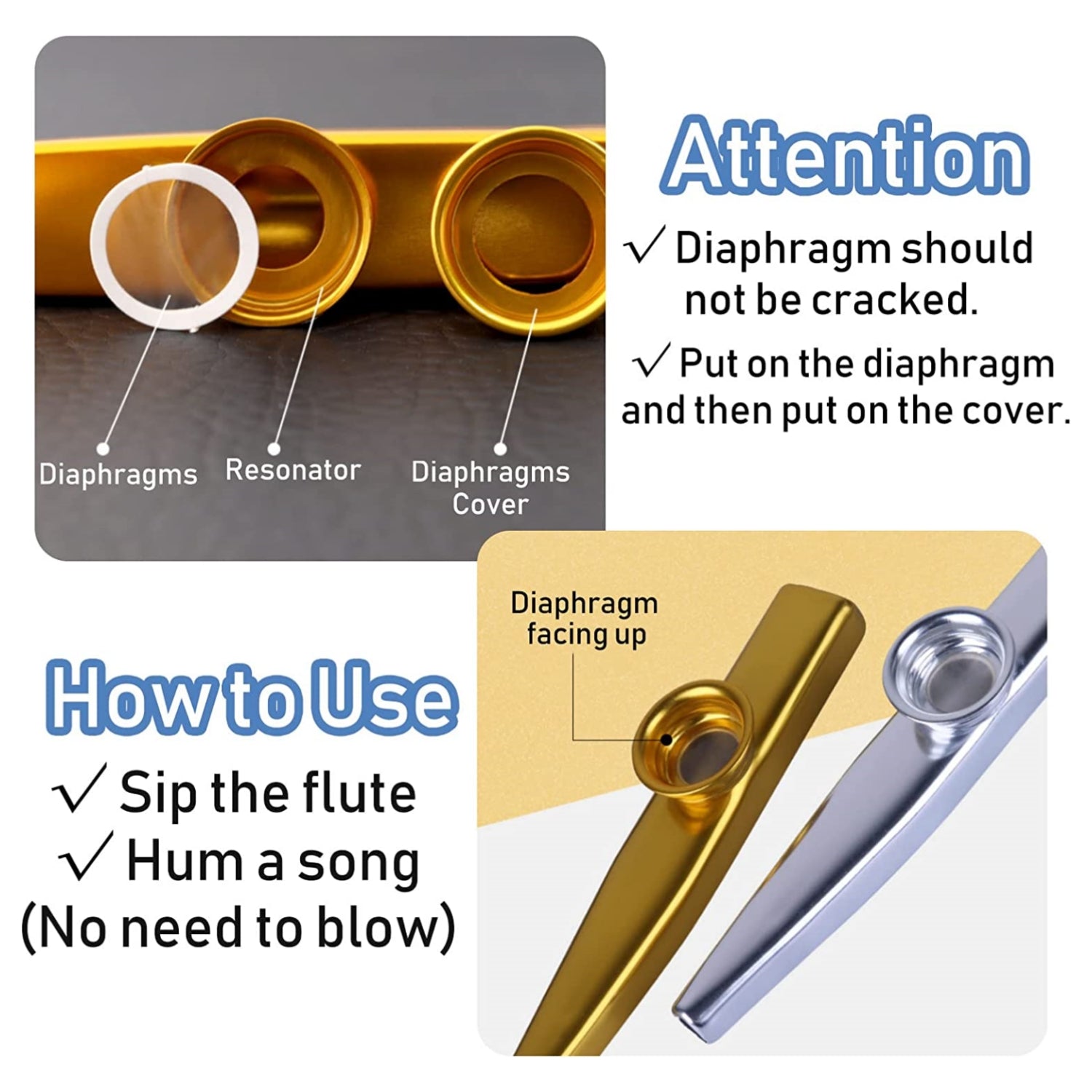 Metal Kazoo Musical Instruments Flutes Diaphragm Mouth Kazoos