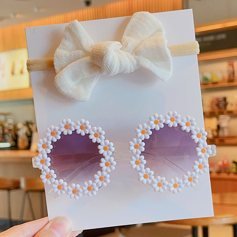 Kids Bowknot Hairband & Flower Sunglasses Set