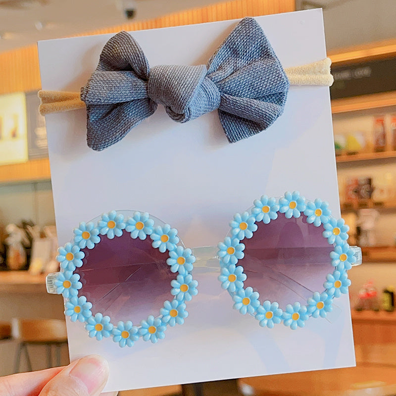 Kids Bowknot Hairband & Flower Sunglasses Set