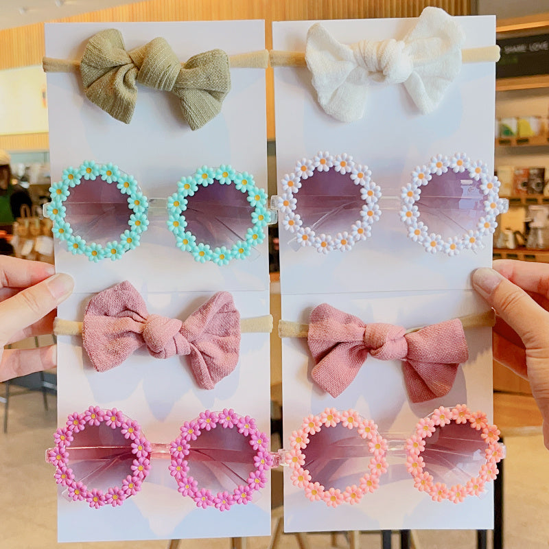 Kids Bowknot Hairband & Flower Sunglasses Set