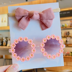 Kids Bowknot Hairband & Flower Sunglasses Set
