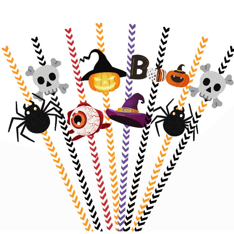 12pcs Halloween Party Decorative Straws Spider Pumpkin Witch Plug-In
