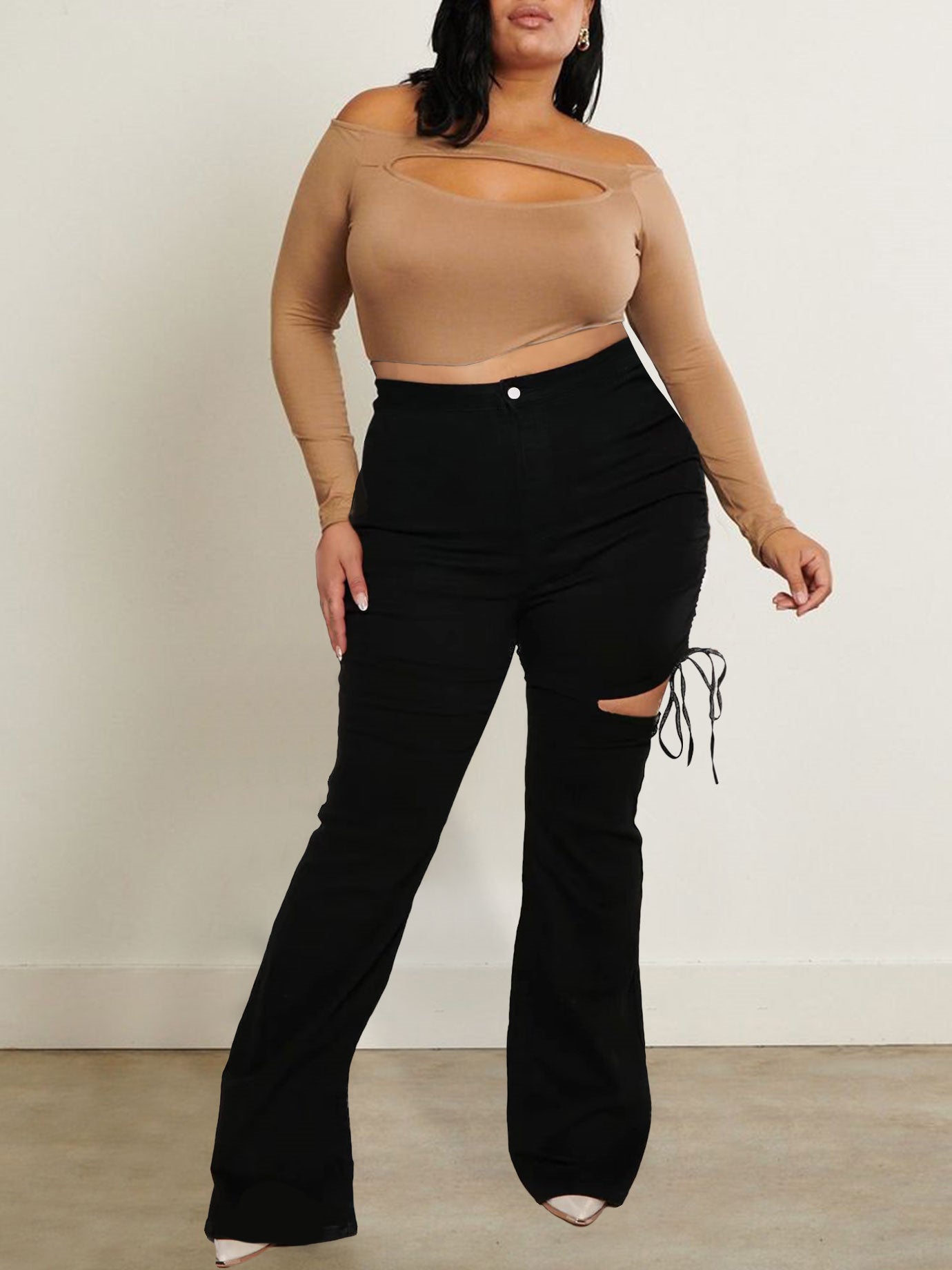 High Rise Ripped Side Tie Flared Leg Jeans