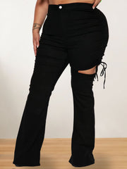  High Rise Ripped Side Tie Flared Leg Jeans