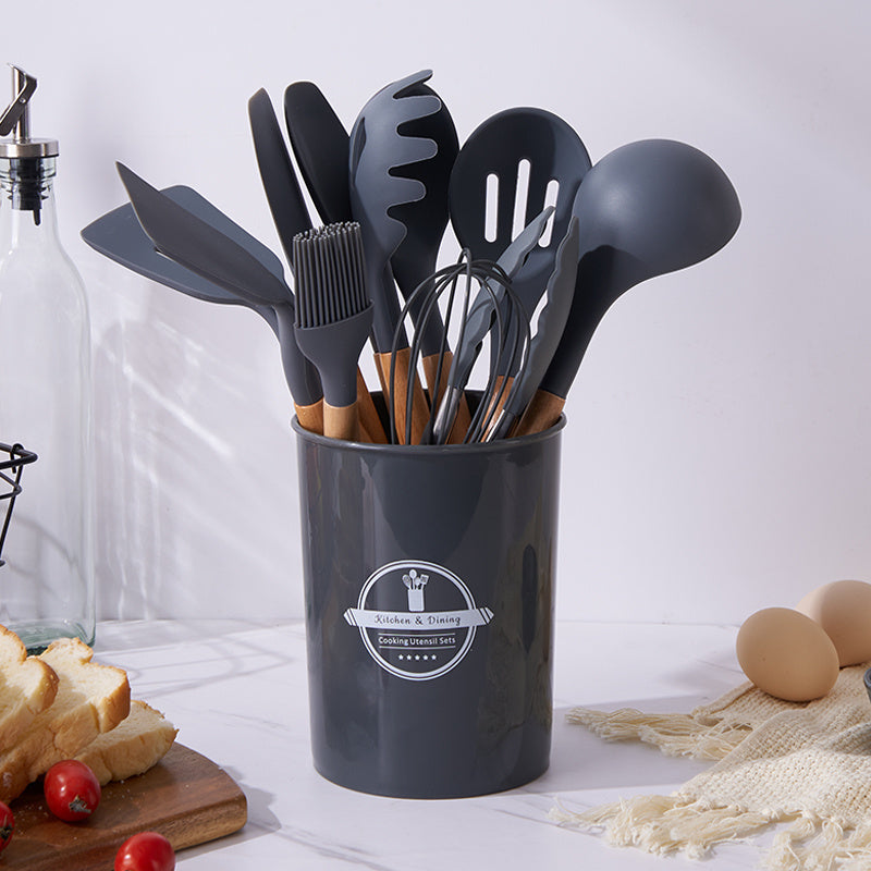 12pcs Silicone Cooking Utensils Set Non-stick Wooden Kitchen Spoons Spatu