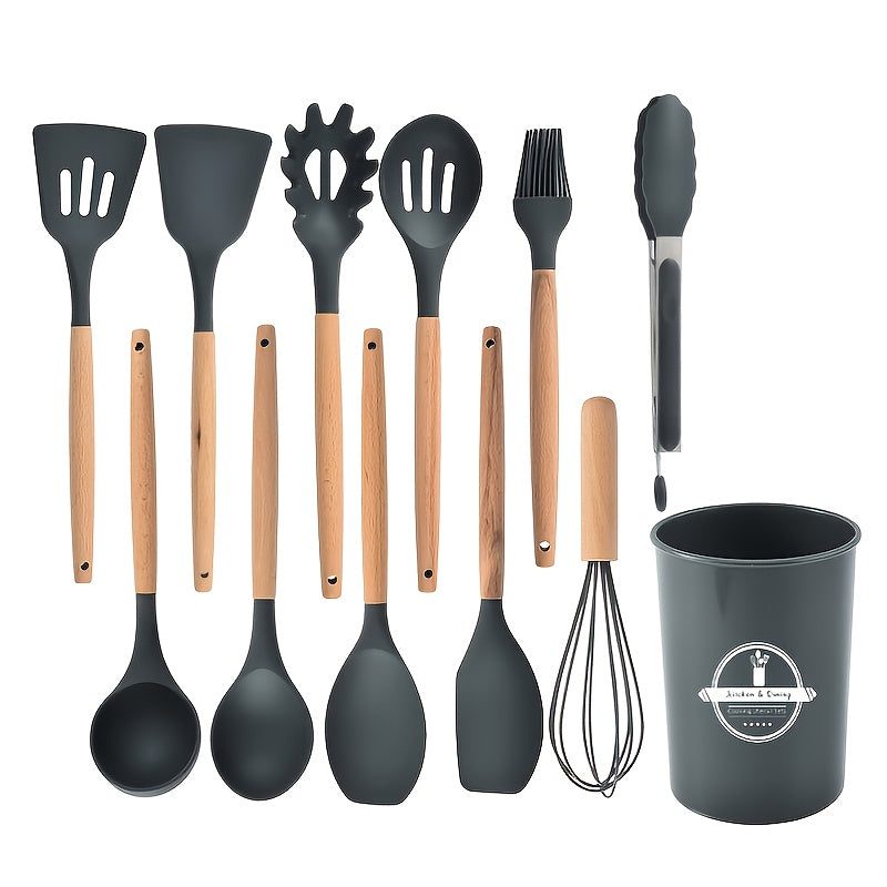 12pcs Silicone Cooking Utensils Set Non-stick Wooden Kitchen Spoons Spatu