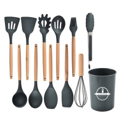12pcs Silicone Cooking Utensils Set Non-stick Wooden Kitchen Spoons Spatu