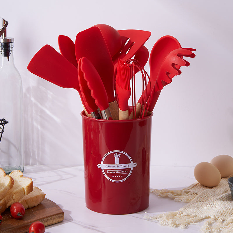 12pcs Silicone Cooking Utensils Set Non-stick Wooden Kitchen Spoons Spatu