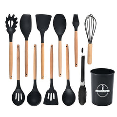 12pcs Silicone Cooking Utensils Set Non-stick Wooden Kitchen Spoons Spatu