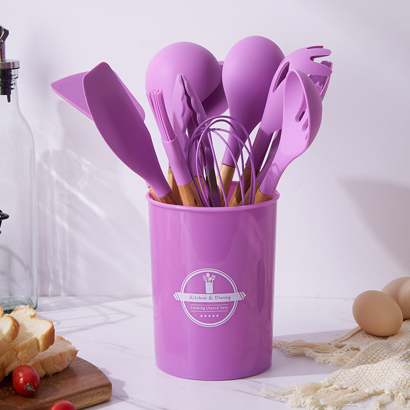 12pcs Silicone Cooking Utensils Set Non-stick Wooden Kitchen Spoons Spatu