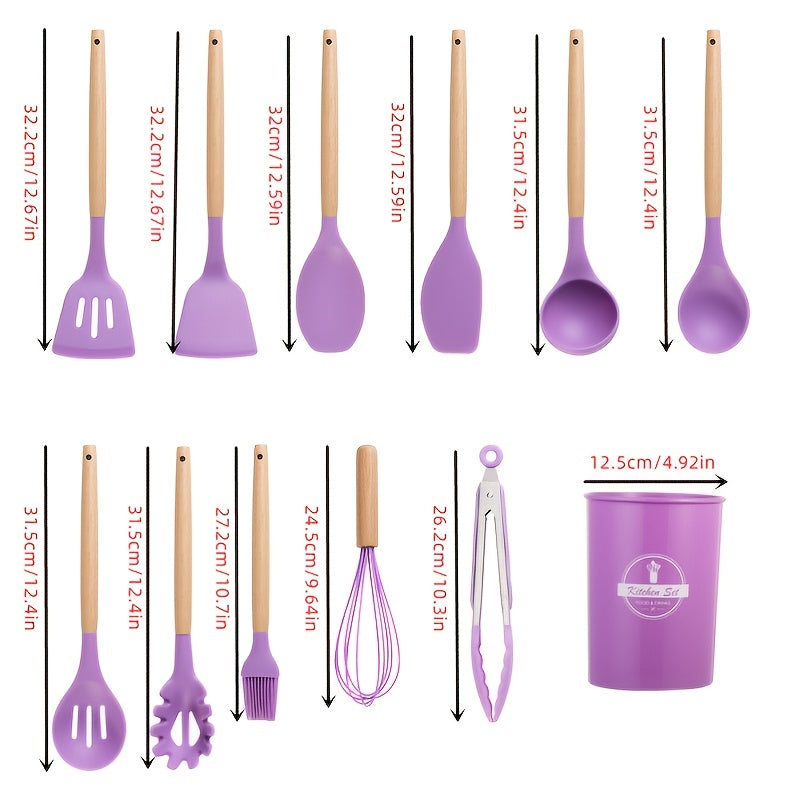 12pcs Silicone Cooking Utensils Set Non-stick Wooden Kitchen Spoons Spatu