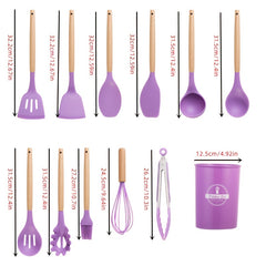 12pcs Silicone Cooking Utensils Set Non-stick Wooden Kitchen Spoons Spatu