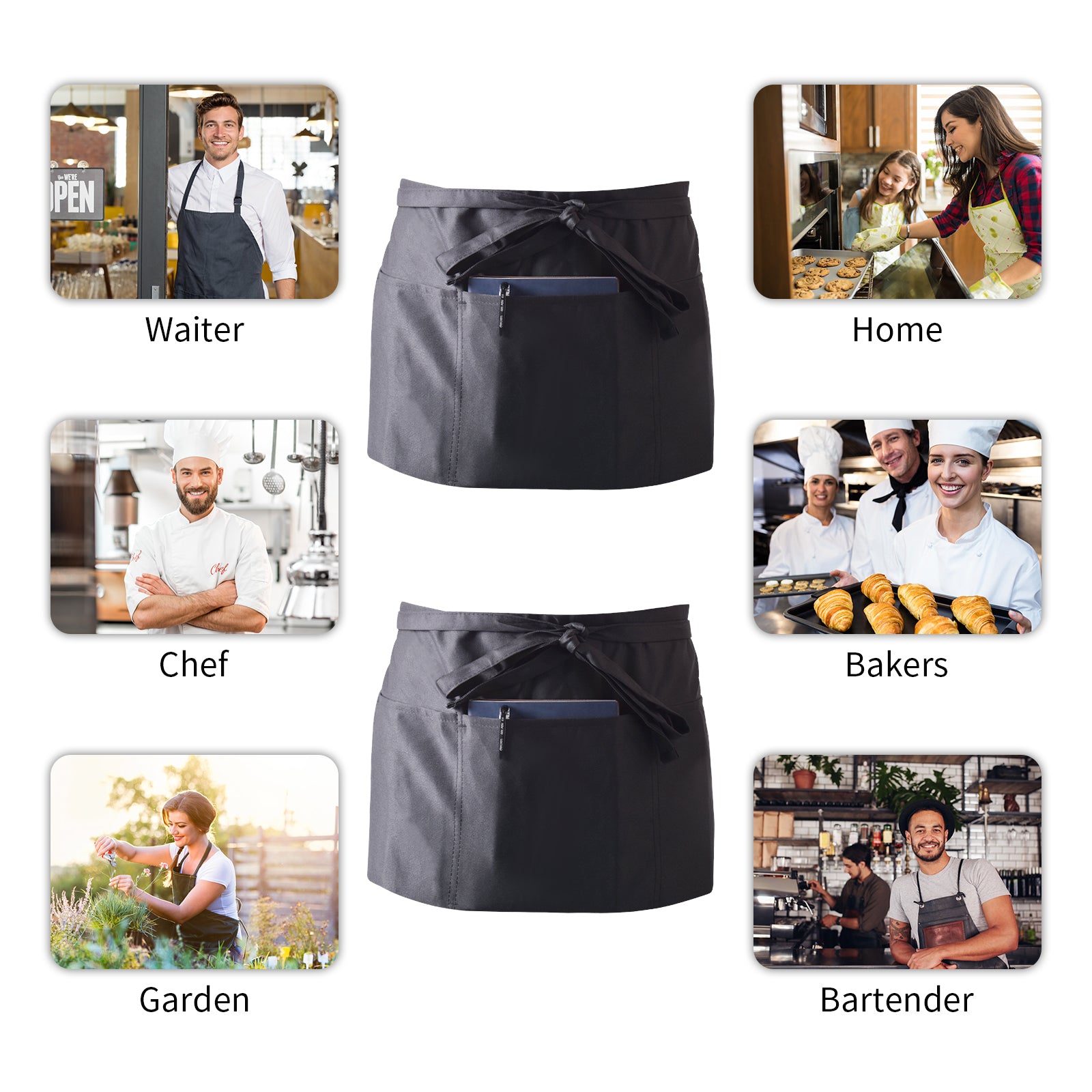 Waterproof Front Tie Cooking Apron 3 Pocket Waist Apron for Men Women