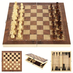 Solid Wood Chess Set 3 in 1 Foldable Board Game for Fun Puzzle Solving