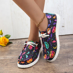 Colorful Pumpkin Pattern Boat Shoes Lace Up Slip on Flat Walking Shoes