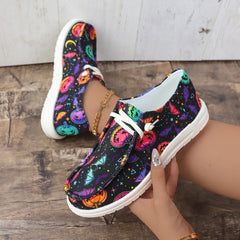 Colorful Pumpkin Pattern Boat Shoes Lace Up Slip on Flat Walking Shoes