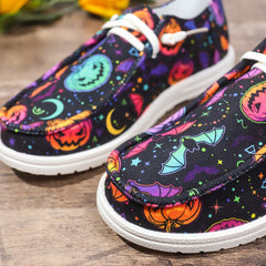 Colorful Pumpkin Pattern Boat Shoes Lace Up Slip on Flat Walking Shoes