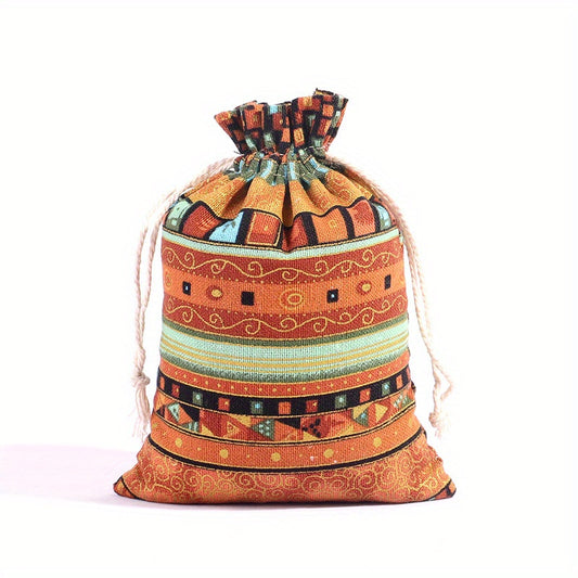 2pcs Egyptian Pattern Linen Gift Bags Burlap Drawstring Storage Christmas