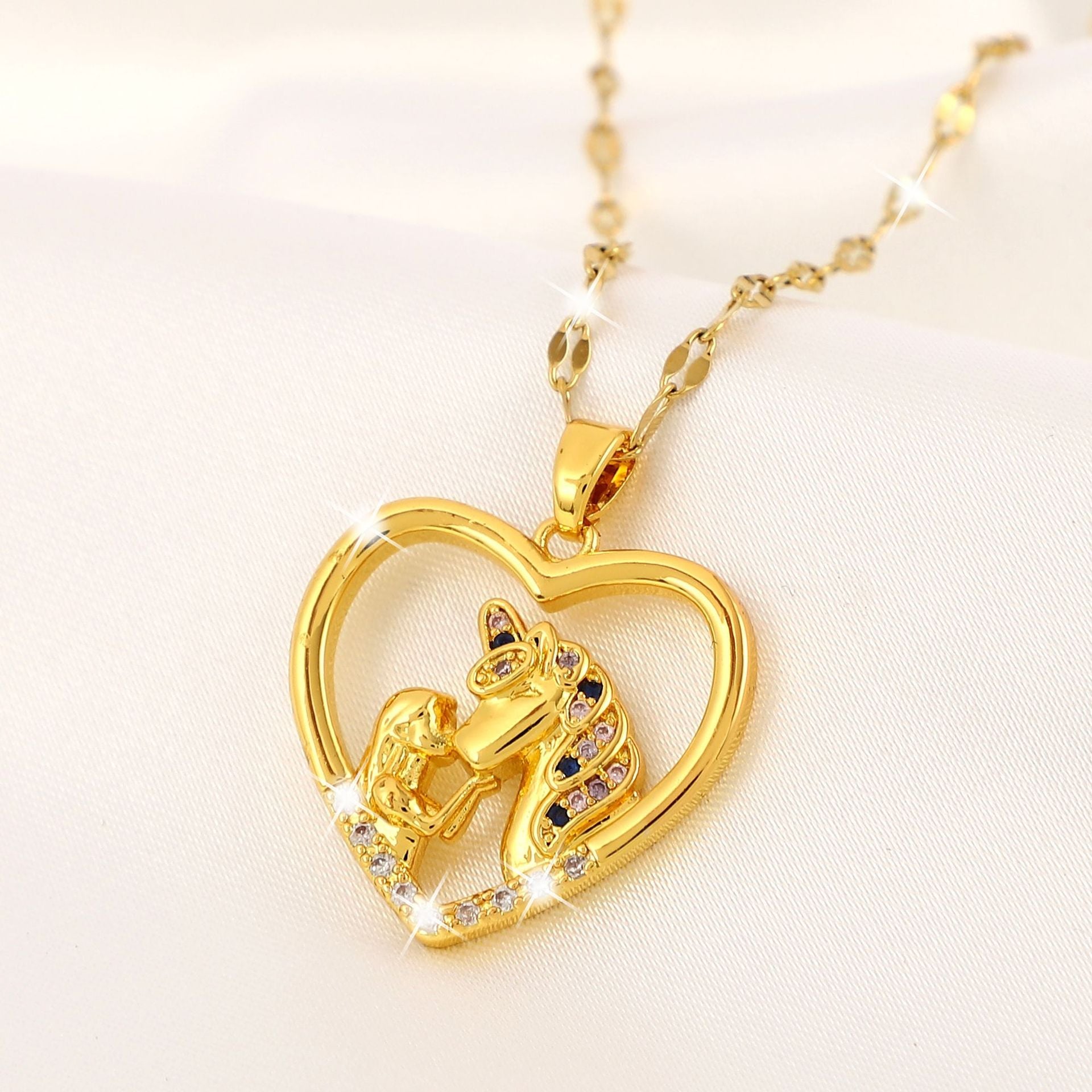 Girl's Unicorn & Girl Zircon Necklace Titanium Steel Chain Jewelry