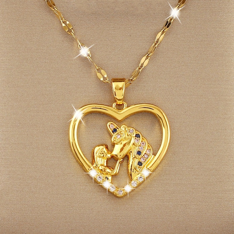 Girl's Unicorn & Girl Zircon Necklace Titanium Steel Chain Jewelry