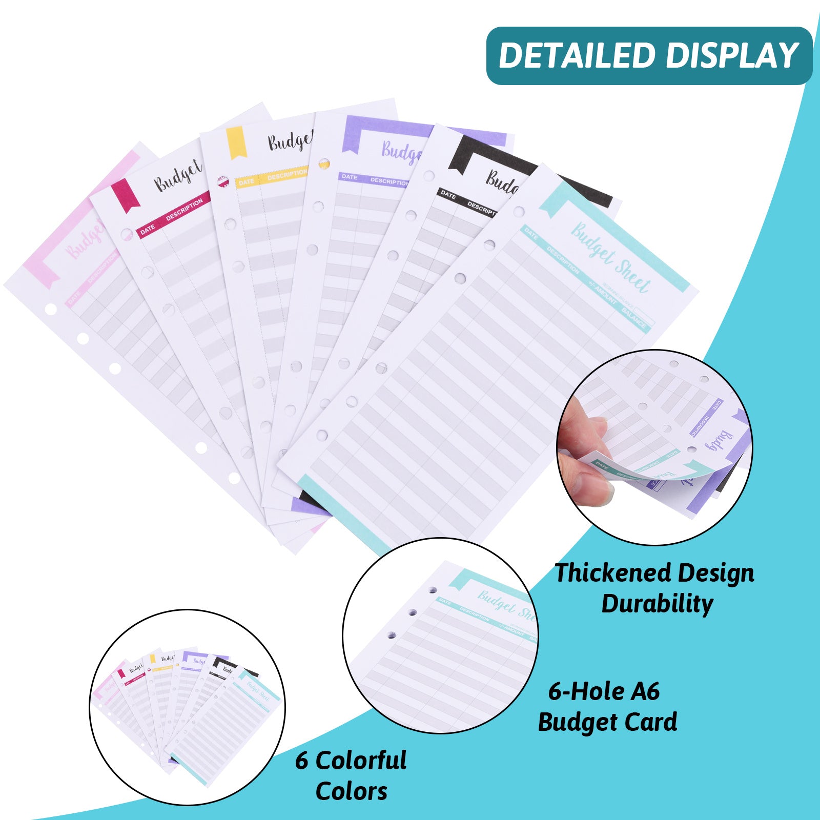 6 Pack Budget Replacement Sheets, A6 Size, 6 Holes, Expense Tracking Cards