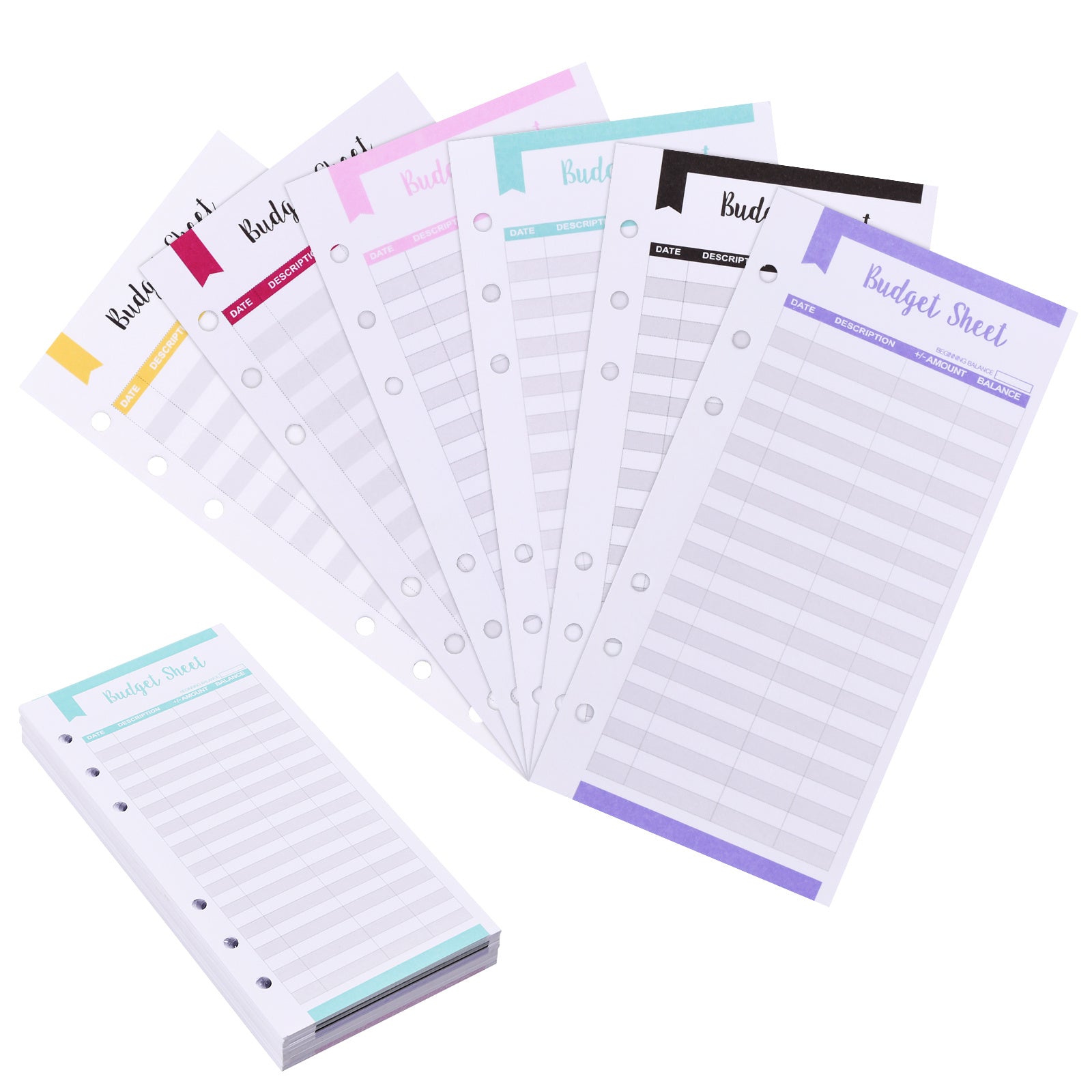 6 Pack Budget Replacement Sheets, A6 Size, 6 Holes, Expense Tracking Cards