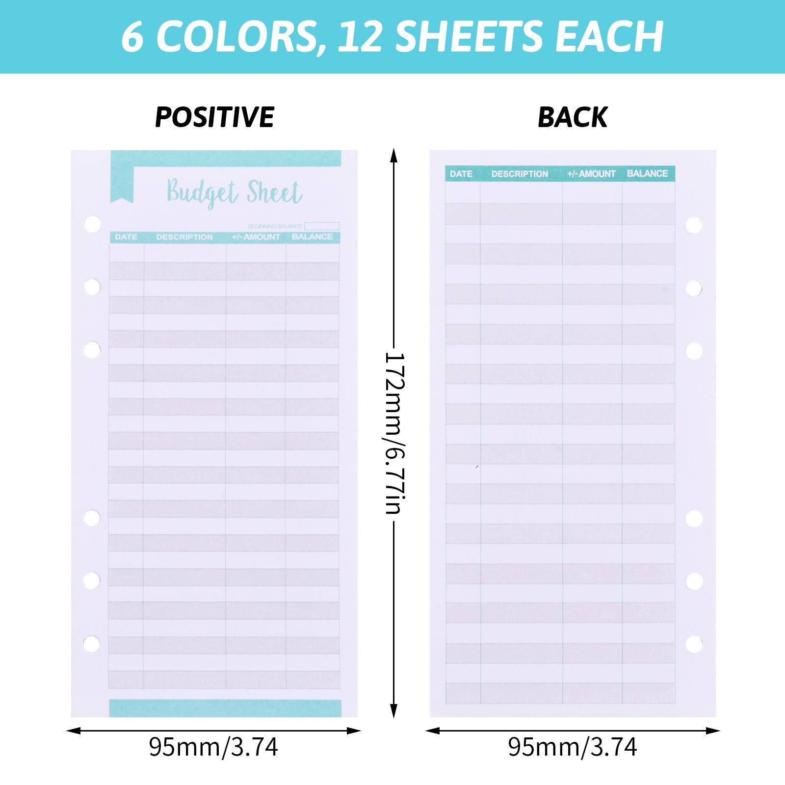 6 Pack Budget Replacement Sheets, A6 Size, 6 Holes, Expense Tracking Cards