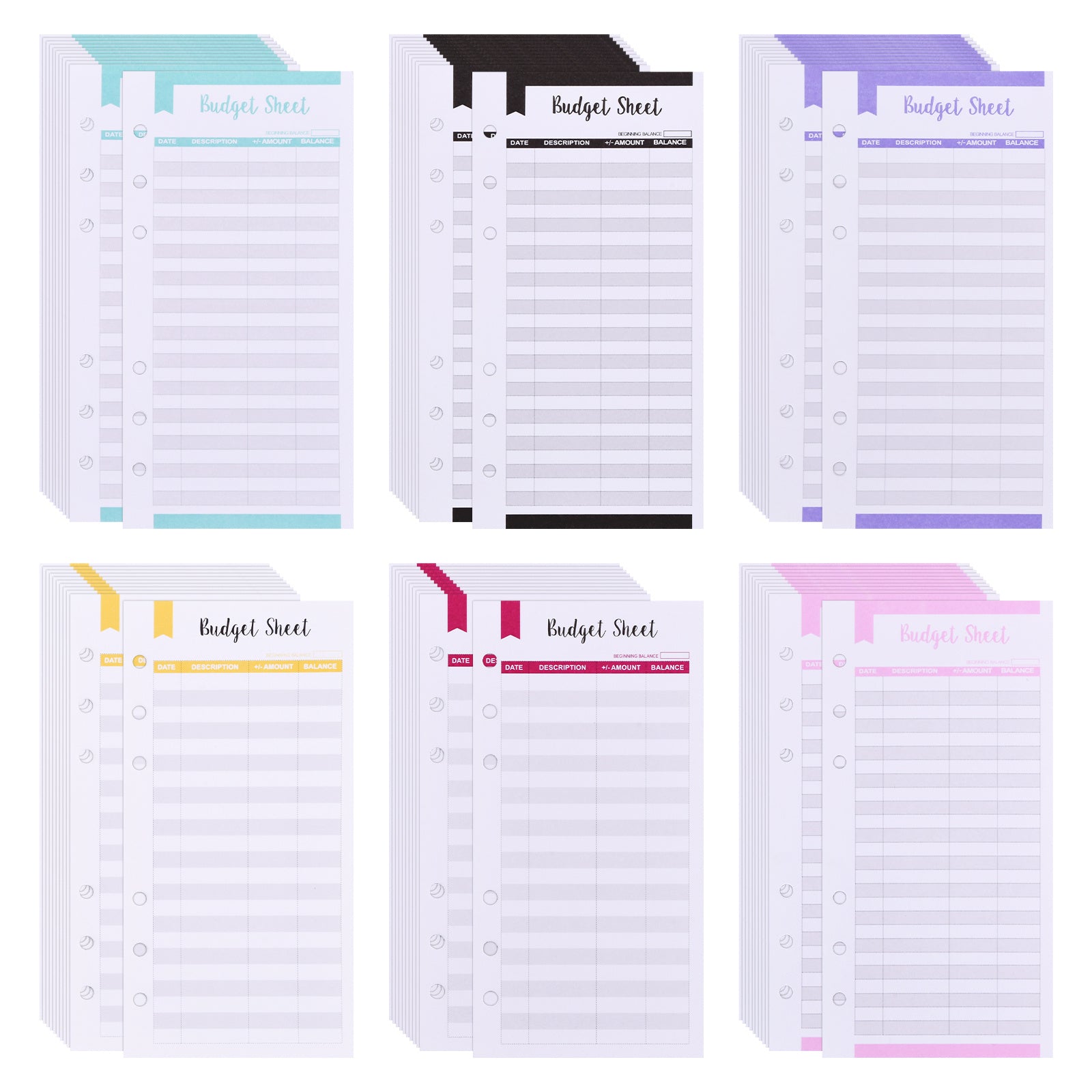 6 Pack Budget Replacement Sheets, A6 Size, 6 Holes, Expense Tracking Cards