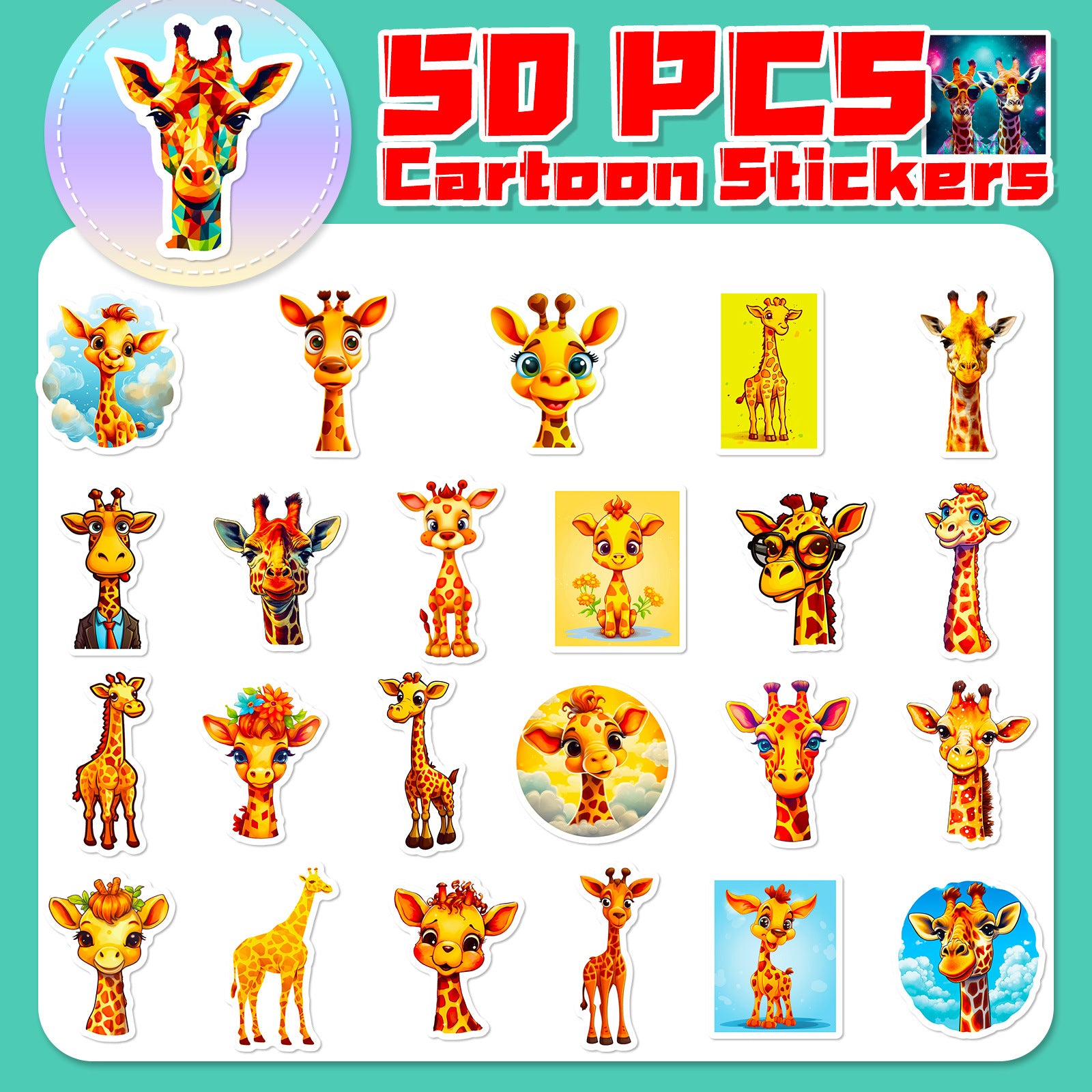 50pcs Giraffe Animal Stickers for DIY Skateboard Water Cup Laptop