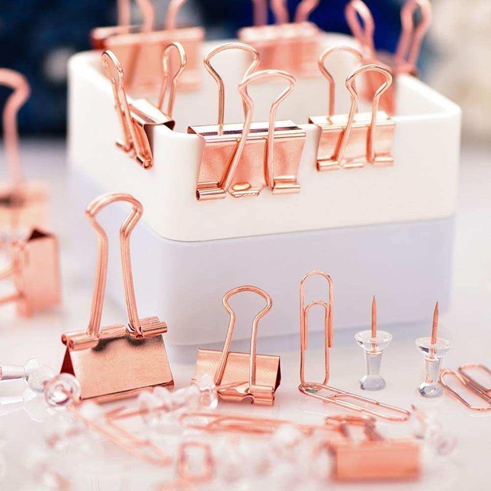 Rose Gold Office Supplies Set - Clips, Pins and Organizer