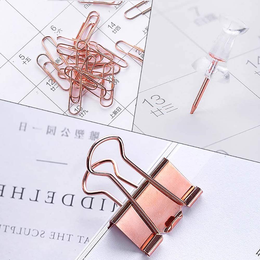 Rose Gold Office Supplies Set - Clips, Pins and Organizer