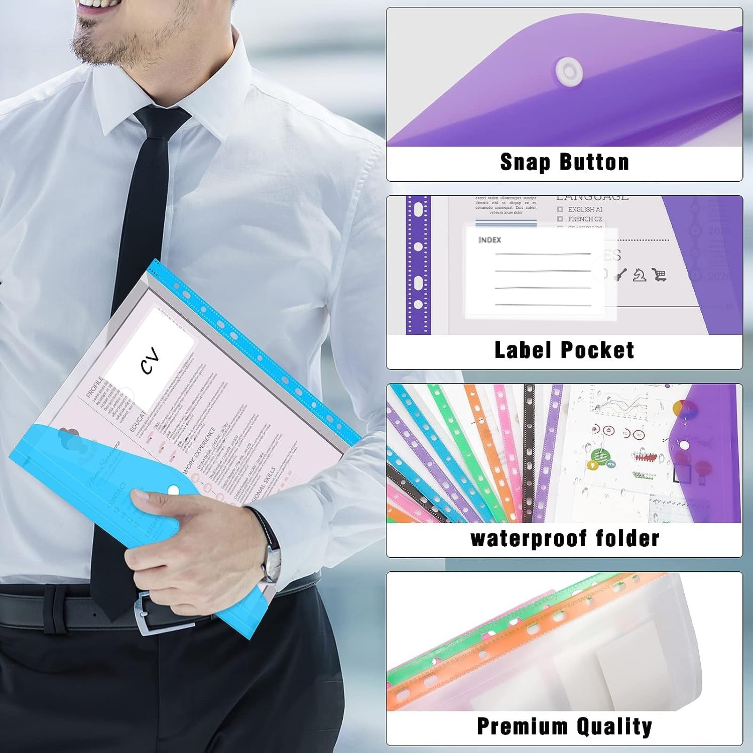 12pcs A4 Binder Pocket Plastic Envelopes Binder Folders 11 Holes