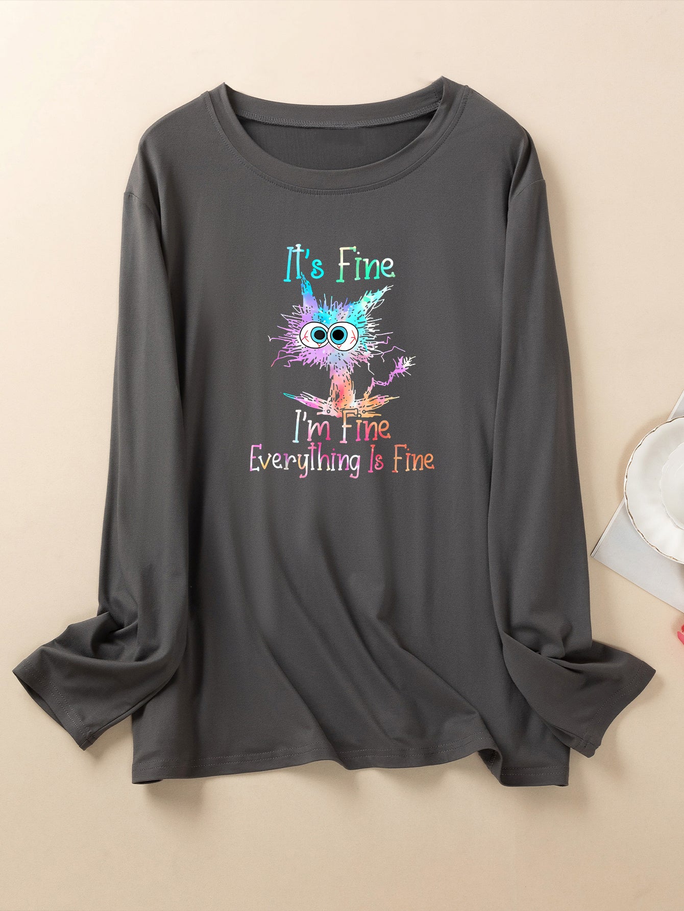  Cat & Ombre Slogan Print Long Sleeve Lounge Top