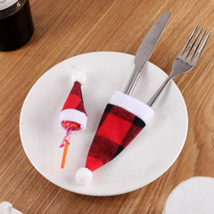 Christmas Hat Red And Plaid Cloth Mini Hat And Fork Set