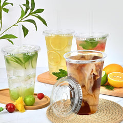 50PCS 16-20OZ Clear Plastic Cups with Flat Lids for Party Ice