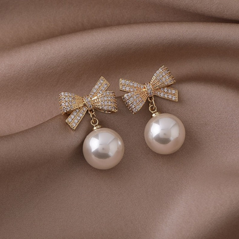 Bow Faux Pearl Artificial Diamond Earrings for Women