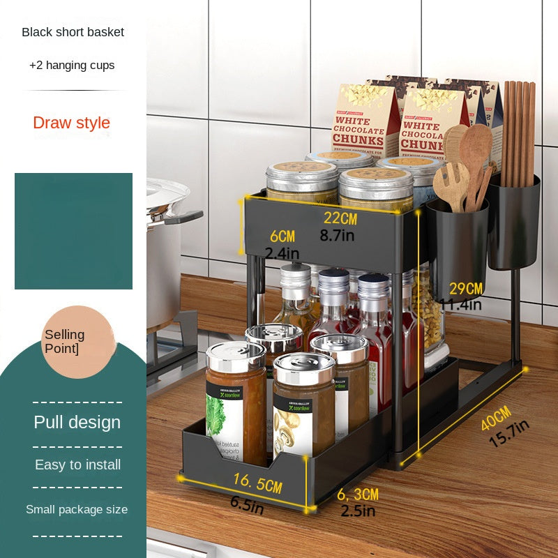 2 Tier Sliding Drawer Bathroom Under Sink Organizer with Hooks