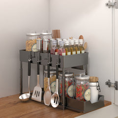2 Tier Sliding Drawer Bathroom Under Sink Organizer with Hooks