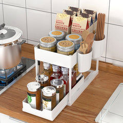 2 Tier Sliding Drawer Bathroom Under Sink Organizer with Hooks