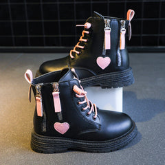 Girls Heart Print Ankle Boots, Non Slip Zip Closure, Indoor Outdoor Travel